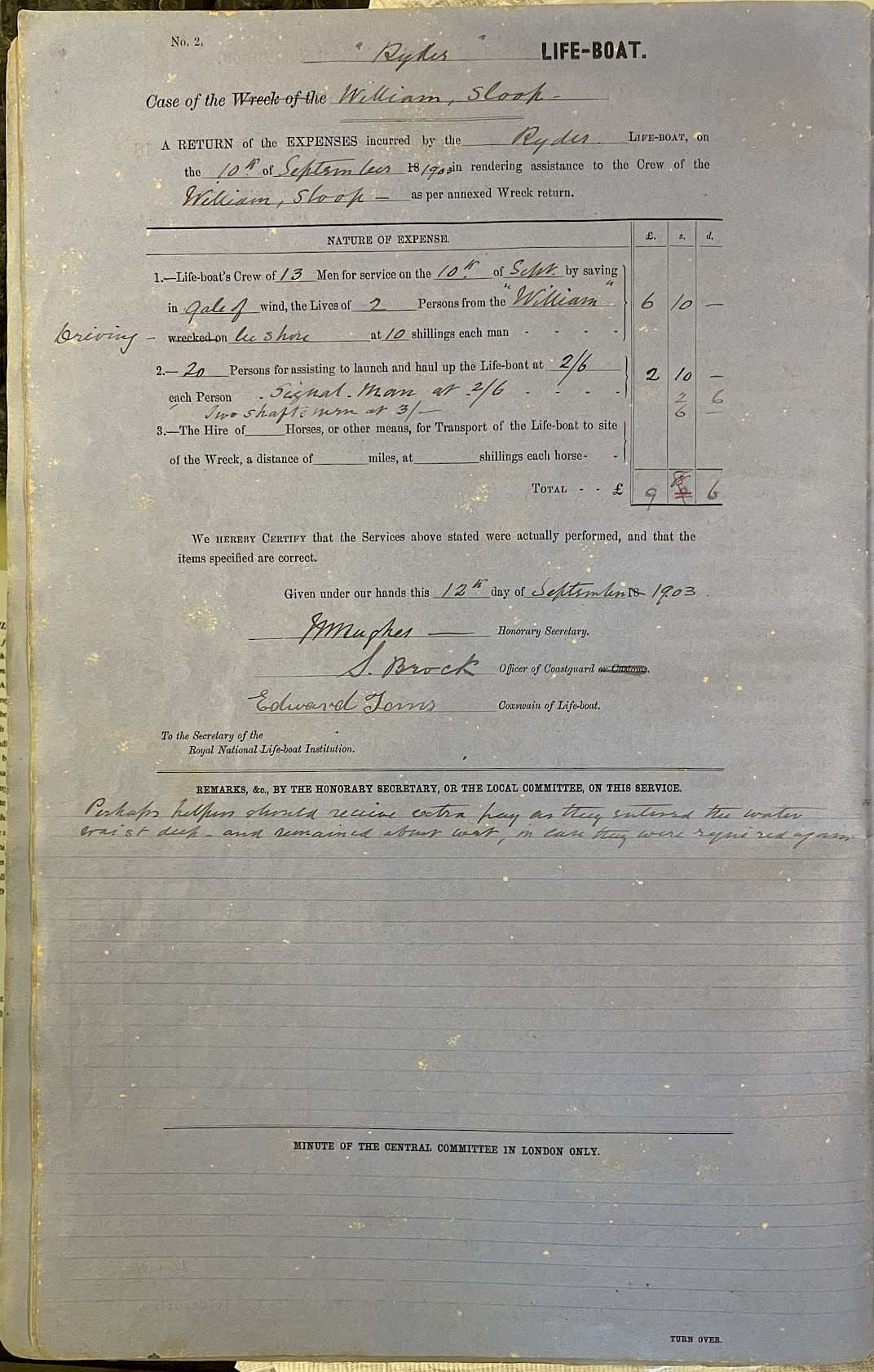 Page showing return of service for the mission